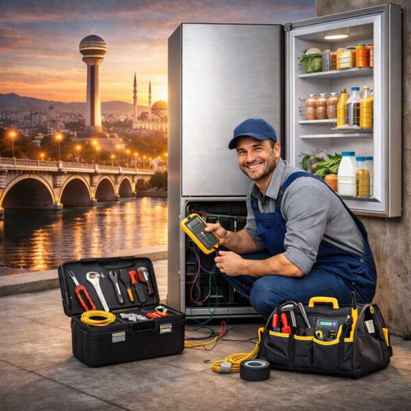 Ankara Buzdolabı Tamiri- Tamirci servis aletleriyle buzdolabı önünde gülümsüyor
