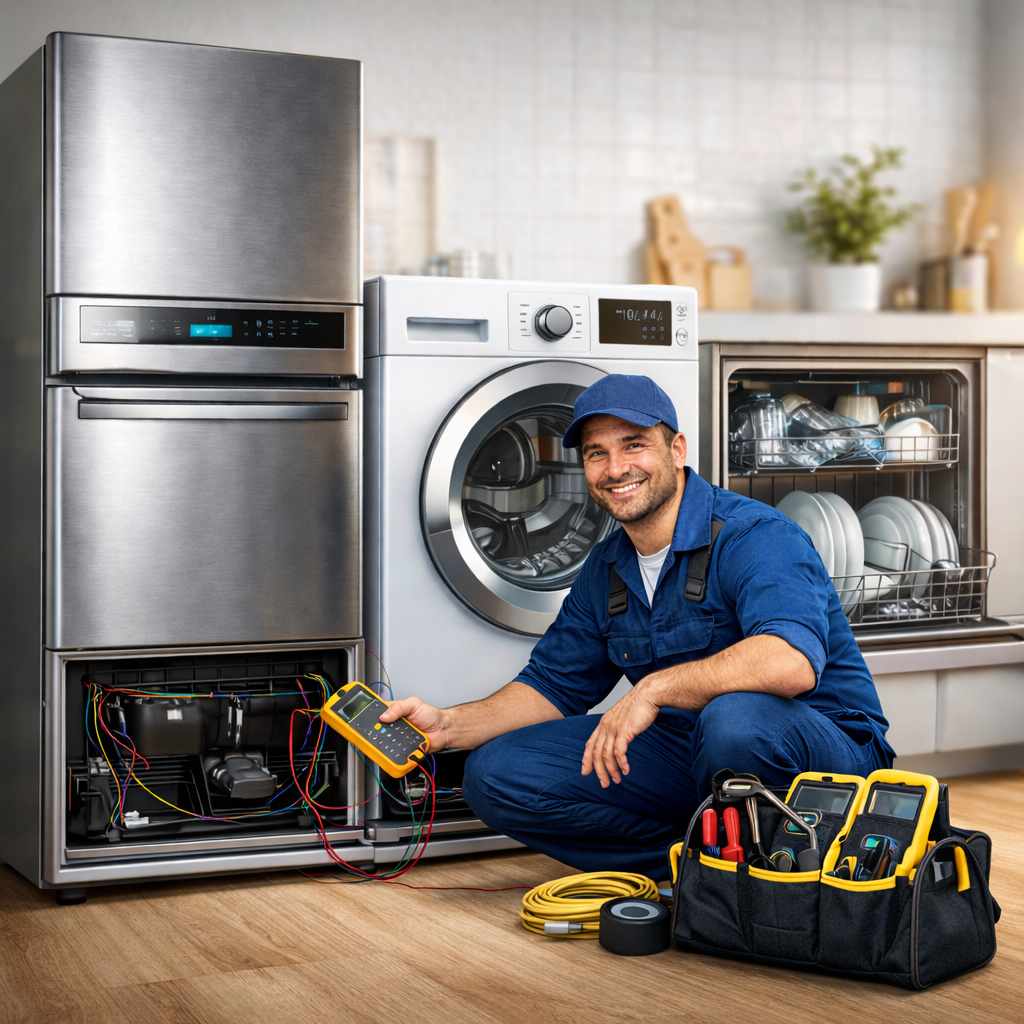 Buzdolabı Tamiri Ankara - Beyaz eşyaların önünde, buzdolabını tamir eden bir servis elemanı