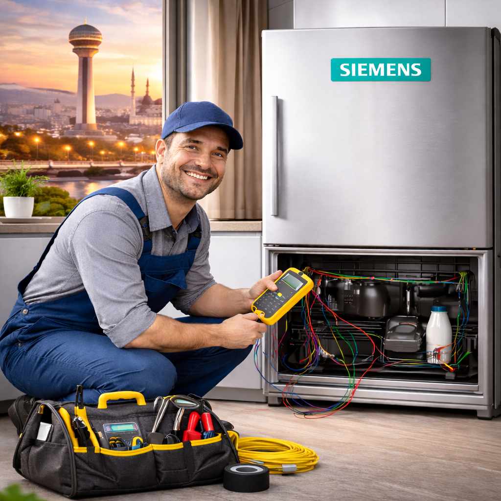Teknik servis elemanı Siemens marka buzdolabı önünde alet çantasıyla oturuyor. - Ankara Siemens Buzdolabı Servisi