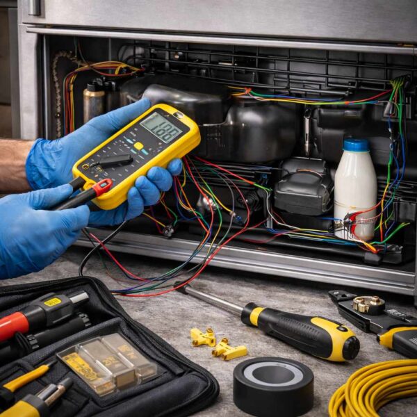 Teknik servis Siemens marka buzdolabının değerlerini ölçüyor. - Ankara Siemens Buzdolabı Servisi